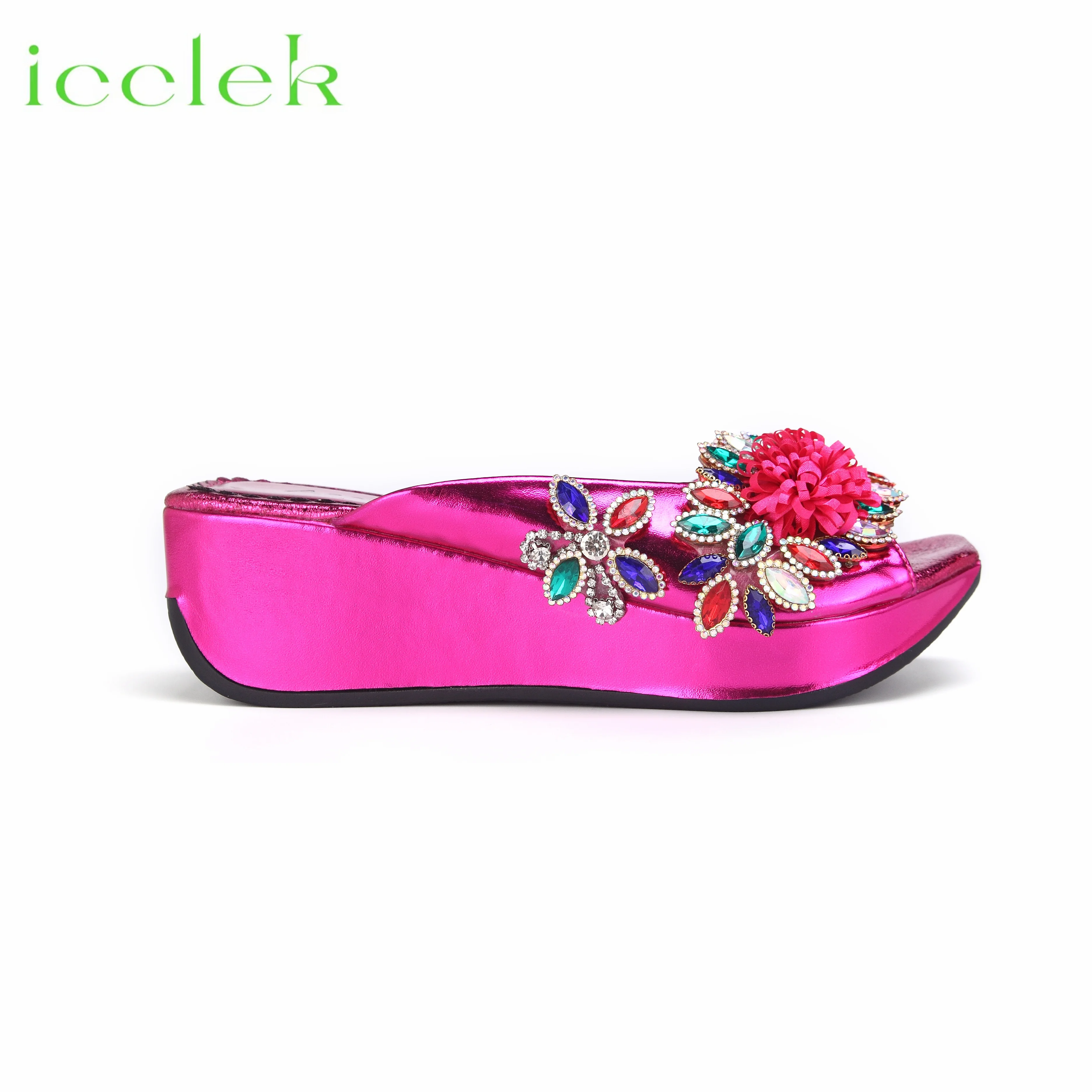 2024 High Qiality Peep Toe Flower Design Slipper with Bag Set For Women Wedding Party Pump in Fuchsia Color