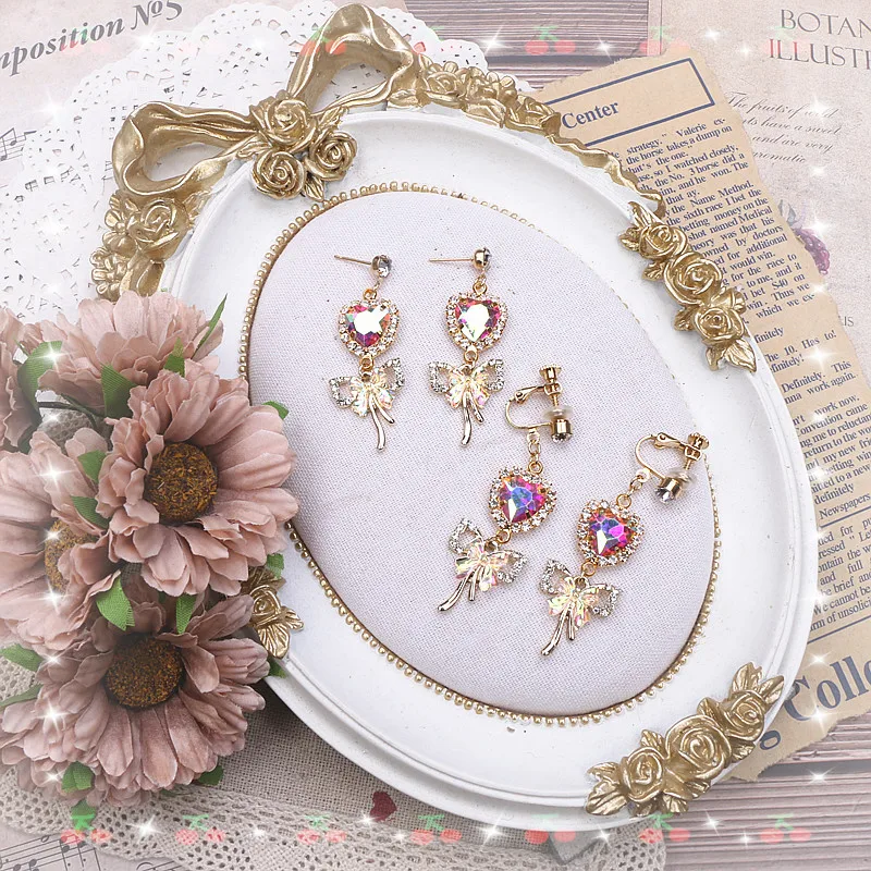 Pendientes de aguja de plata 925 para mujer, Larme Kei, perlas delicadas, lazo, pendientes con Clip para niña, accesorios de joyería de moda