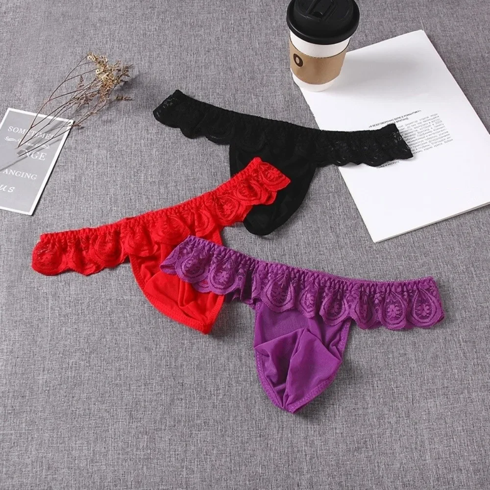 Underwear Low Waist Men's Lace Thongs Ruffle Belt Underpants Men's Mesh Lace Panties Lingerie Thin Male Briefs Intimate