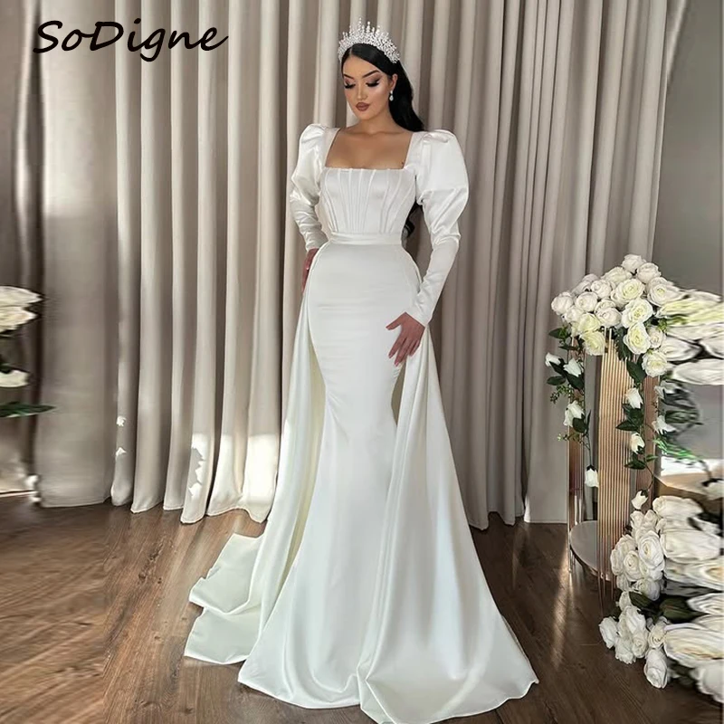 

SoDigne Satin Mermaid Wedding Dress Elegant Square Collar Full Sleeves Bridal Gown Detachable Train Bride Dresses Customized ﻿