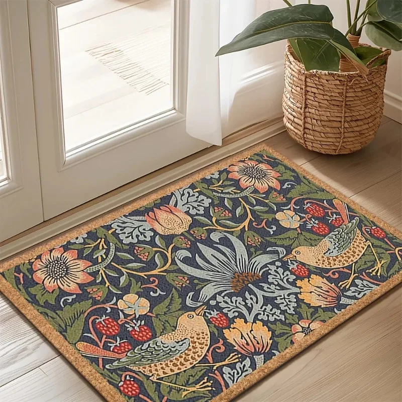 William Morris Strawberry Thief Doormat Vintage Floral Bird Pattern Non Slip Welcome Entrance Mat for Home Decor