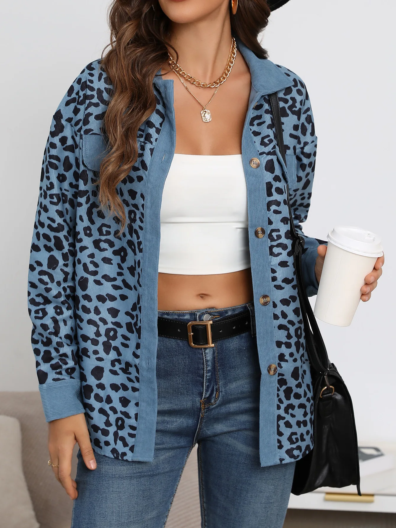 

Autumn and winter fashion leopard print button long sleeve casual jacket for women