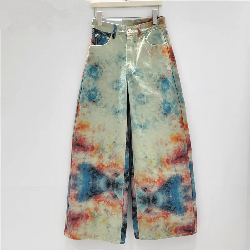

Cool and Trendy American Style New Washed Vintage Gradient Colorful Smudge Design Loose Straight Wide-Leg Jeans for Women