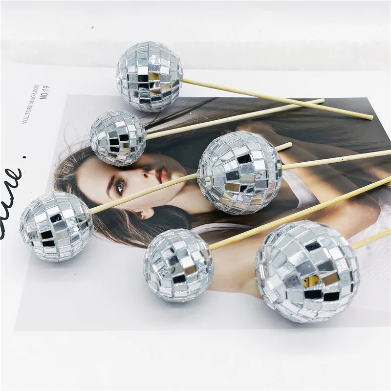 

10pcs Mirror Ball Cake Decoration Plugin Ins Style Cake Ornaments Children's Baking Party Accessories Birthday Card Insertion