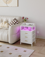 Hzuaneri Bedside Table with LED Lights and Charging Station,Side Table with 3 Fabric Drawers and Shelves,with USB Ports,Sockets