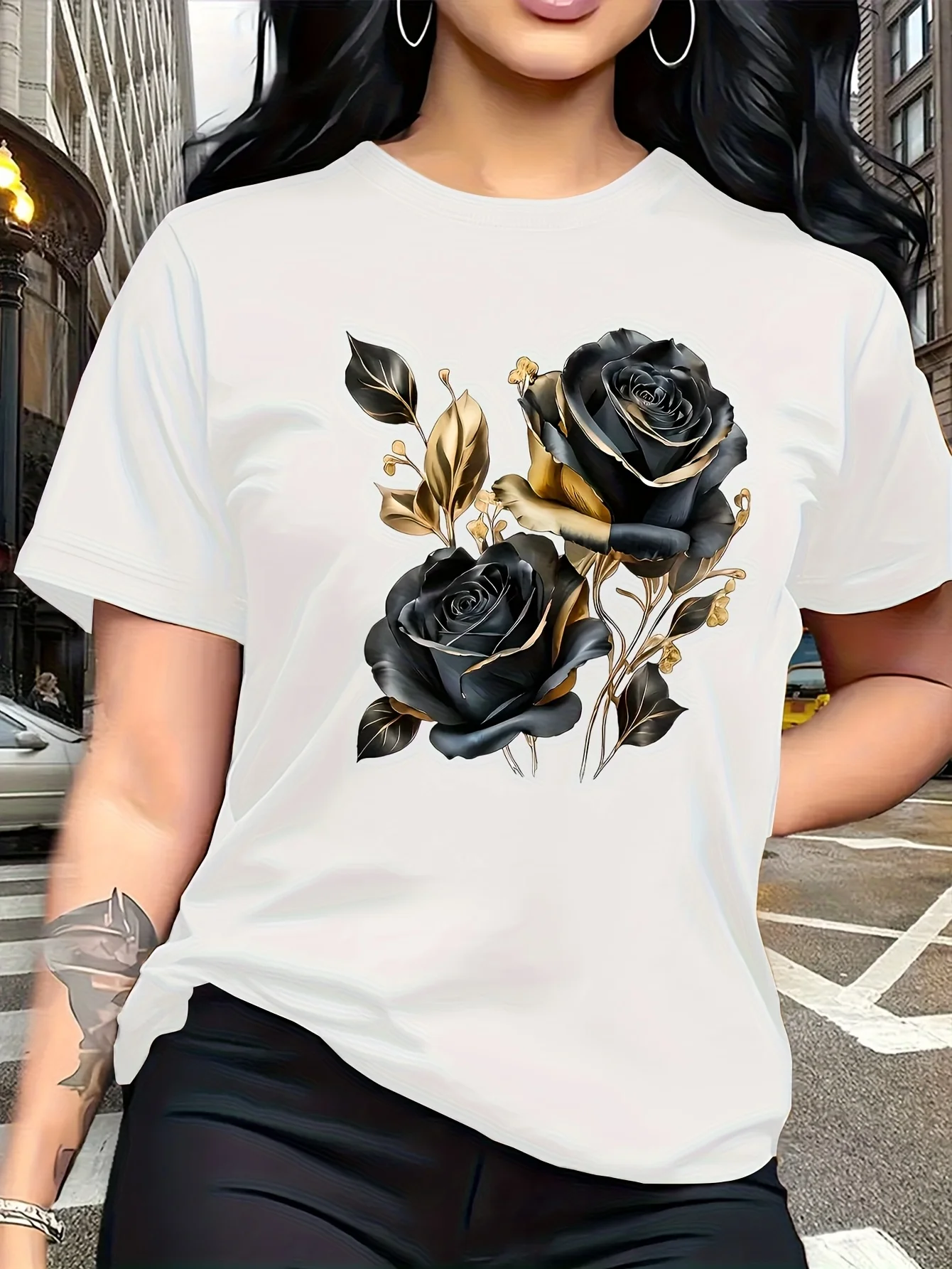 A Stylish And Breathable T-Shirt Featuring a Luxurious Vintage Design with a Black And Golden Rose Pattern, Perfect for Family Trips, Campus Events, Casual, Daily Commutes, Matching Outfits for Sisters, And Versatile Wear