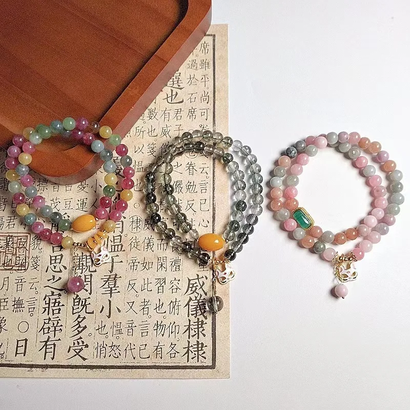 Pulsera de doble círculo de turmalina fantasma verde optimizada para mujer, nuevo estilo chino versátil máscara de macarrón zorro mejor amigo
