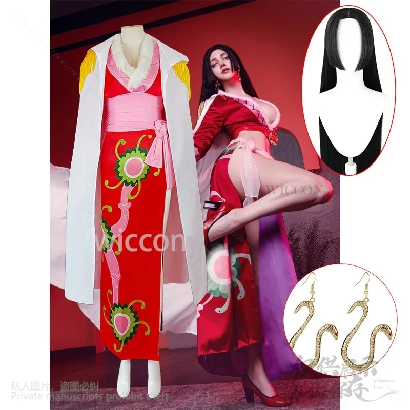 Anime Boa · Hancock Cosplay Costume pour femme, robe rouge, Everak, Kimono Lolita sexy, longues perruques, boucle d'oreille, fête d'Halloween