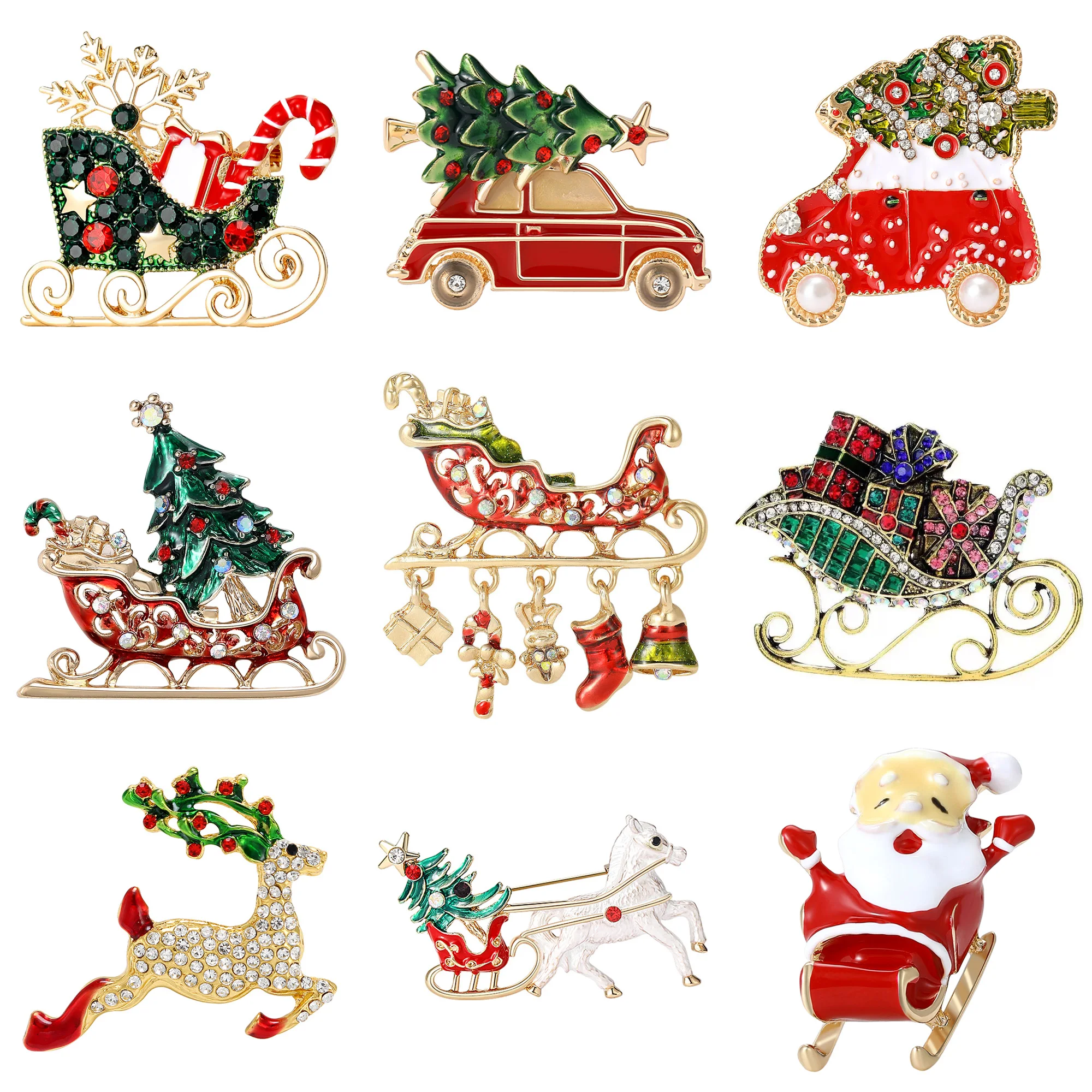 

Christmas Rhinestones Sleigh Car Brooches for Women Unisex Deer Pins Office Party Friend Gifts Jewelry Accessories