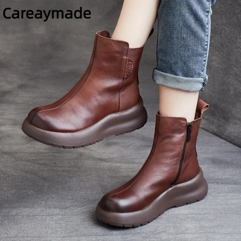 Careaymade-Handmade Genuine leather short boots,Round Head Zipper Thick Bottom Short Boots Women's Boots Slope Heel Cotton Boots
