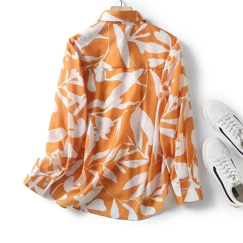 Withered 2024 Autumn New British Fashion Office Ladies Chiffon Shirt Retro Leaf Print Elegant Casual Top Blouse Women