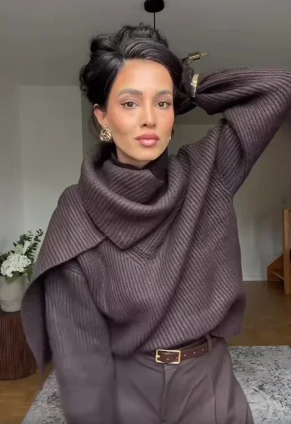 Solid Turtleneck Knit Short Pullover Women Chic Scarf Collar Full Sleeves Loose Warm Sweater 2026 Lady Daily Street Pullovers