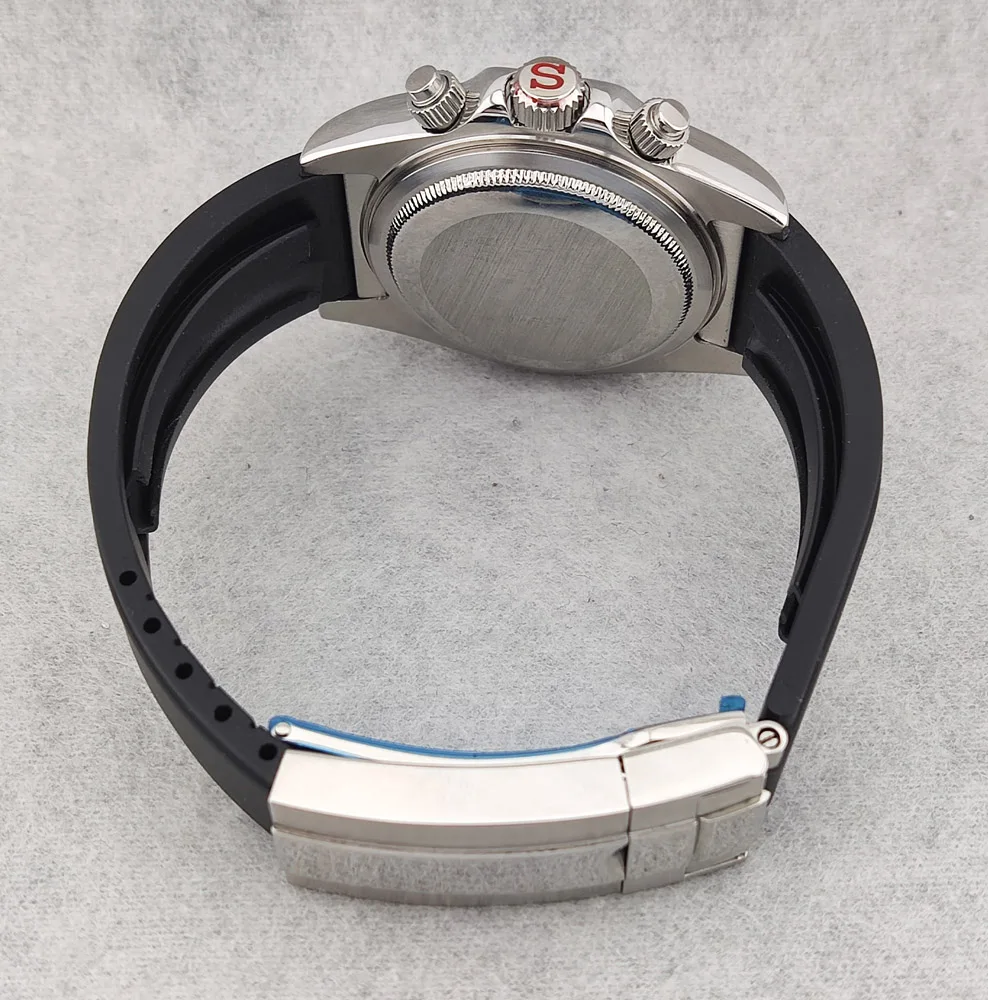 40 مللي متر حافظة الياقوت الزجاج الكوارتز حاوية من الفولاذ المقاوم للصدأ قذيفة كرونوغراف الحافة شريط مطاطي تاج صالح حركة VK63 ﻿