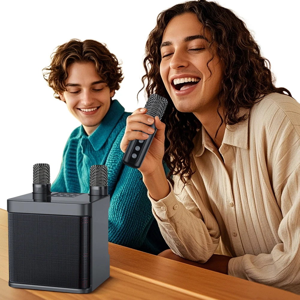 آلة الكاريوكي مع 2 ميكروفونات لاسلكية مكبر صوت كاريوكي لاسلكي يدعم بطاقة BT/USB/TF/التحكم في تطبيق Aux للبالغين والأطفال