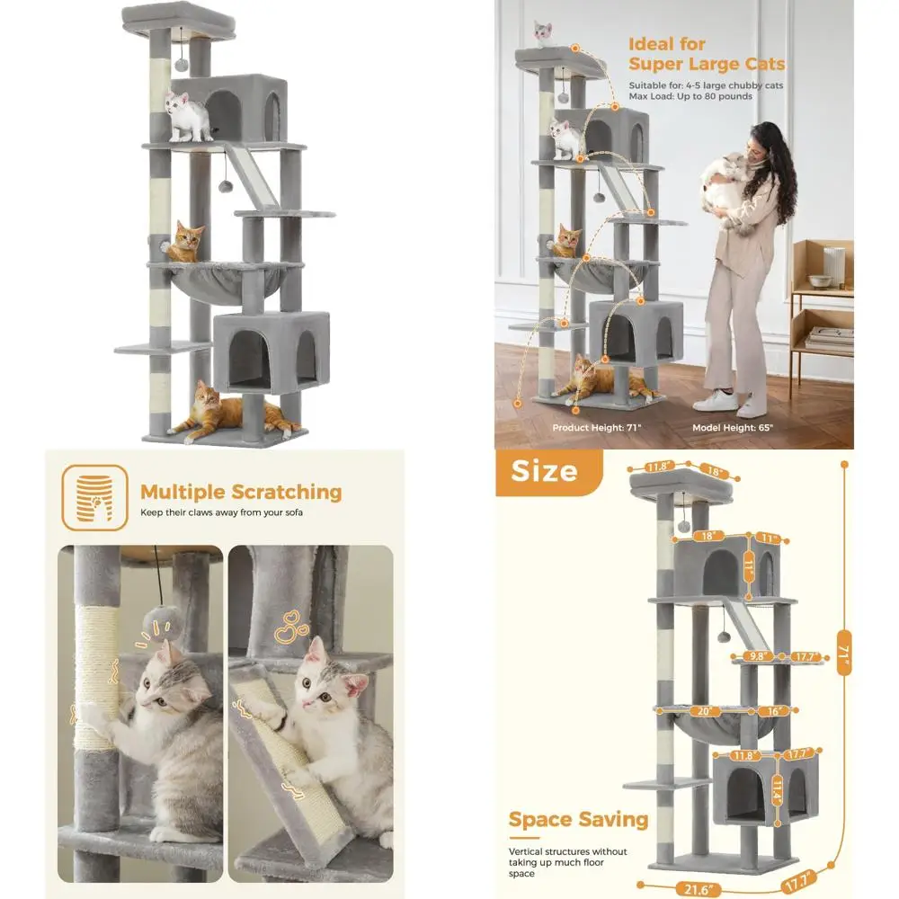شجرة قطط كبيرة مع أرجوحة كبيرة جدًا، برج قطط طويل القامة 71 شديد التحمل، 4 أعمدة خدش من السيزال، 2 مستويات واسعة للقطط #1