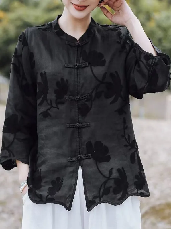 

Heavy Embroidery Flax irt Large Size Women's Tee-Quarter Sve Button Stand Collar Casual Thin Loose Top Summer Wear