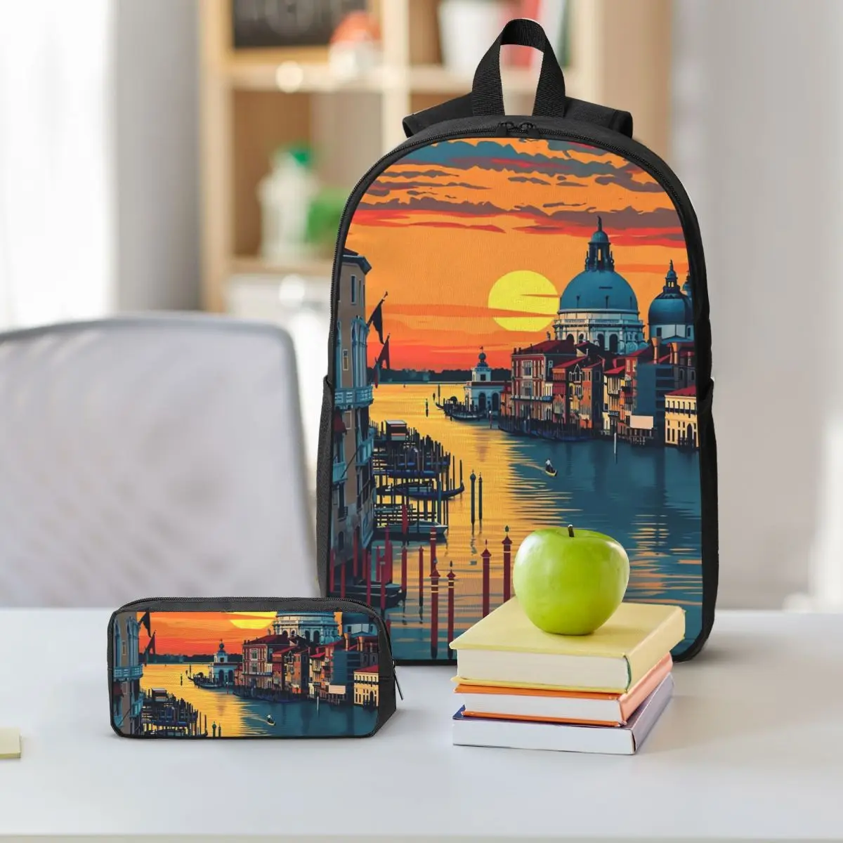 Venice Canal Italy Landscape Backpack Boys Girls BookBag School Bag Shoulder Bags 3ps Insulated Lunch Bag Pencil Case