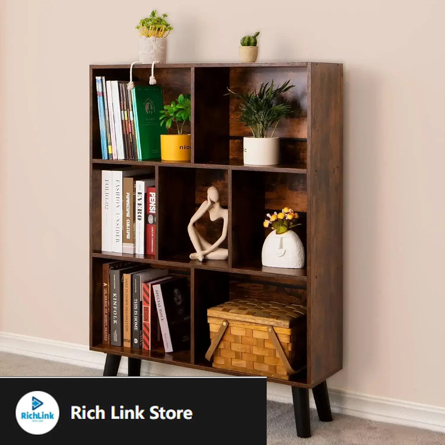 

Cube Bookshelf 3 Tier Mid-Century Rustic Brown Modern Bookcase with Legs,Retro Wood Bookshelves Storage Organizer Shelf
