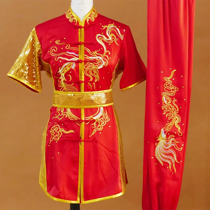 Changquan Dragon Embroidered Wushu Uniform Performance Suit Men Women Kids Routine Sword Stage Costume Red Dragon Phoenix Custom