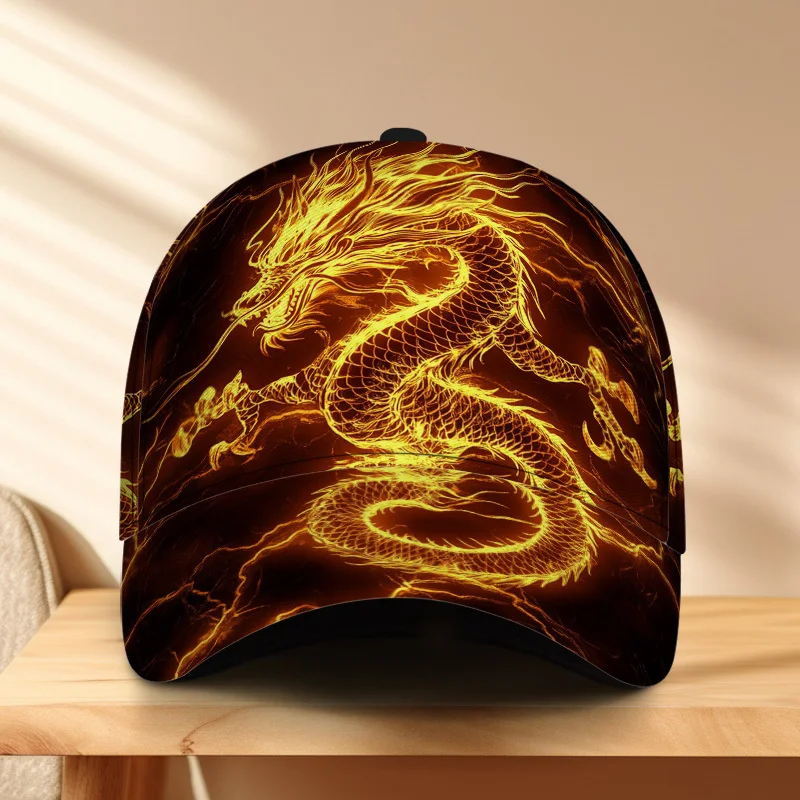Dragon with Flames Print Adjustable Snapback Duckbill Hat Lightweight Baseball Cap Suitable for Group Hangouts Christmas Parties