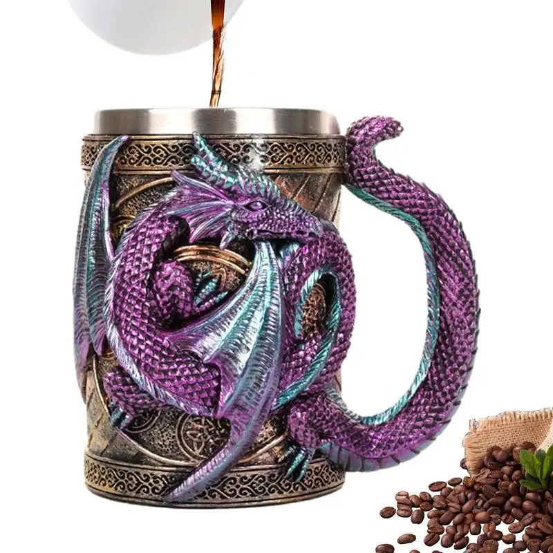 Calice medievale doppio drago creativo 3D boccale di birra resina tazza da caffè in acciaio inossidabile tazza da vino tazza da birra drago retrò