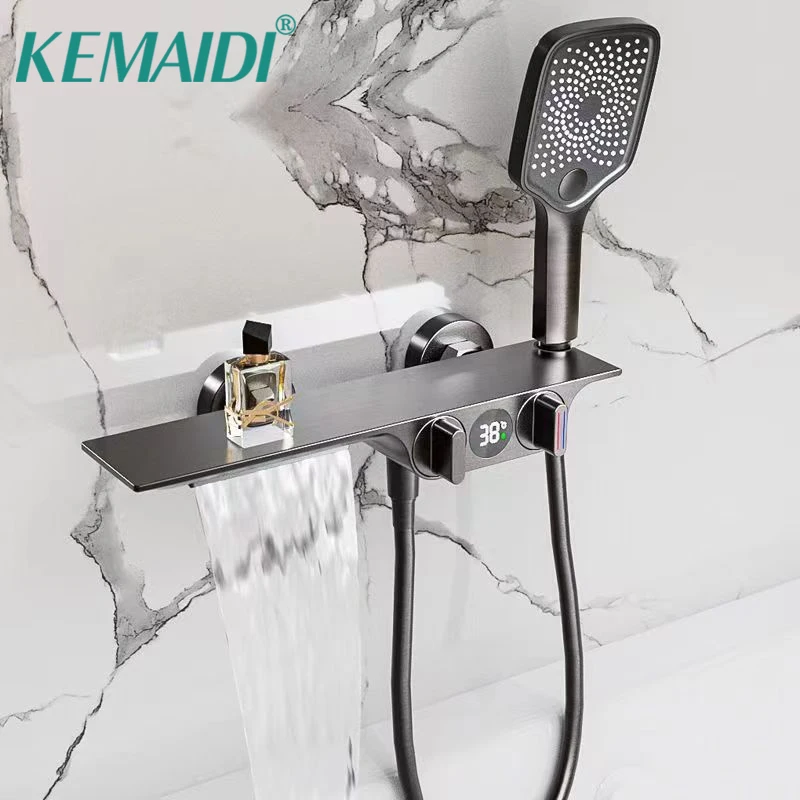 KEMAIDI Smart Digital Display  Hot and Cold Mixer TapTwo Function Shower Systerm Square Spary Wall Mounted  Shower Faucet Set