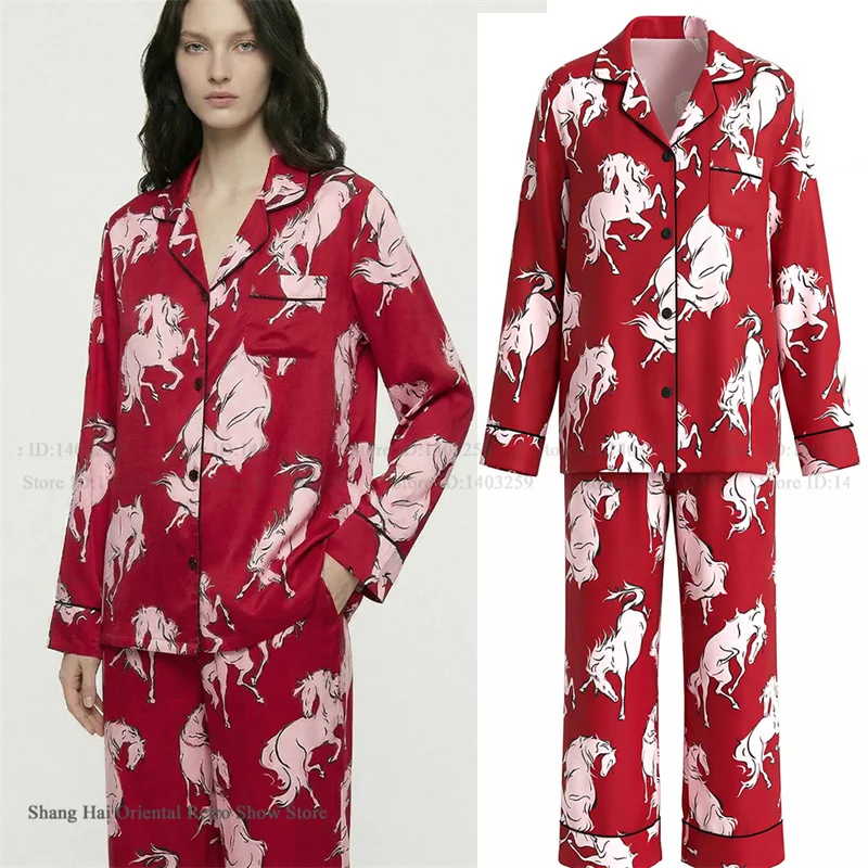New Female Pajamas Set Loungewear Print Cartoon Viscose Sleepwear Long Sleeve Trouser Pijamas Suit Loose Casual Homewear Pyjama
