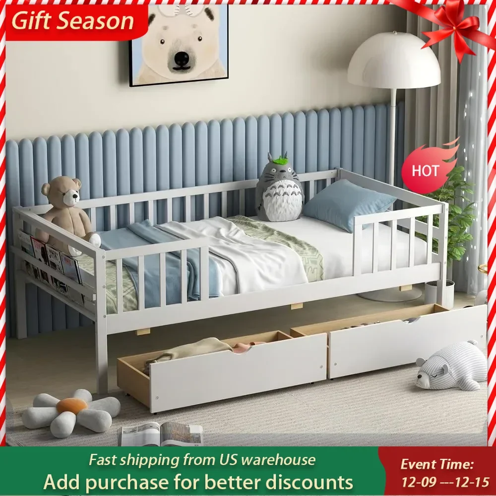 

Wood Twin Kids Bed Frame with 2 Pull-Out Drawers Twin Bed Frame with Fence Railings Needed Solid Supported Daybed for Children