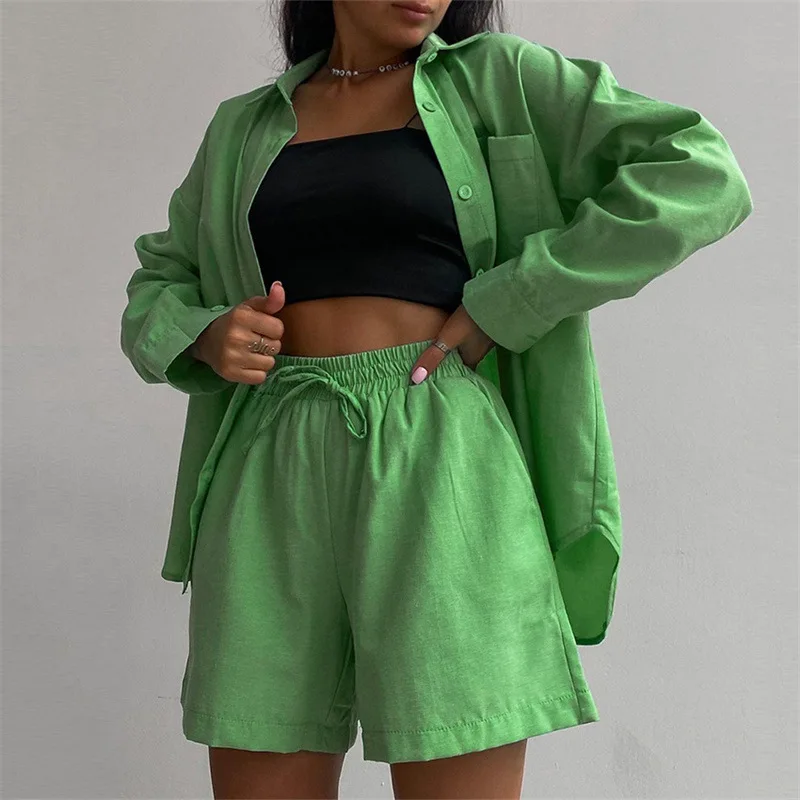 

New Fashion Casual Women Cotton Two Piece Short Sets Summer High Waist Long Sleeve Blouse Solid Color Shorts 2 Pieces Sets Set