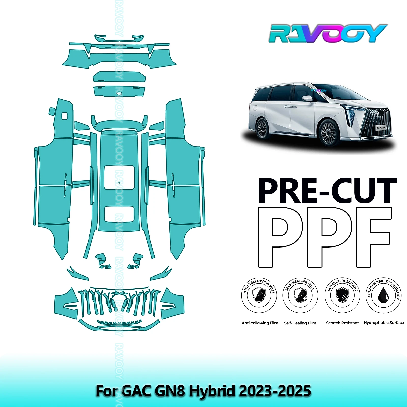 RAVOOY 8.5Mil Custom-Fit Precut TPU PPF Full Vehicle Clear Bra Stone Guard EU UK For GAC GN8 Hybrid 2023-2026