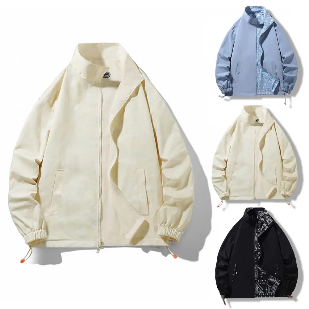 Men Fall Spring Jacket Reversible Double-sided Wear Pockets Coat Long Sleeve Splash-resistant Elastic Cuff Stand Collar Outwear