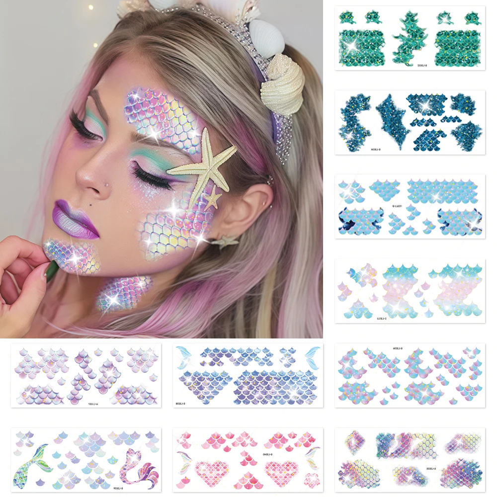10pcs Fish Scale Glitter Temporary Tattoos - Waterproof, Easy to, Underwater Performance Kit for Makeup Parties, Glitter Sticker
