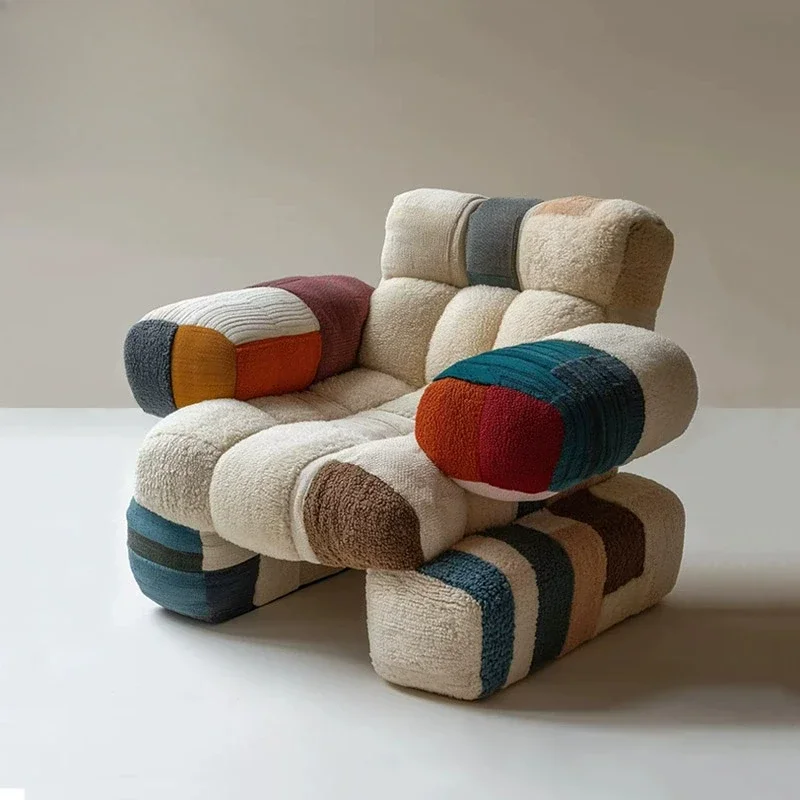 ins style solid wood leisure sofa chair, small apartment living room childlike patchwork soft bag sofa, bedroom model room