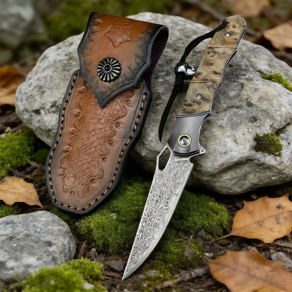 

Тактический складной нож с дамасским лезвием и рукоятью из белого теневого дерева, инструмент для кемпинга и туризма с ножнами
