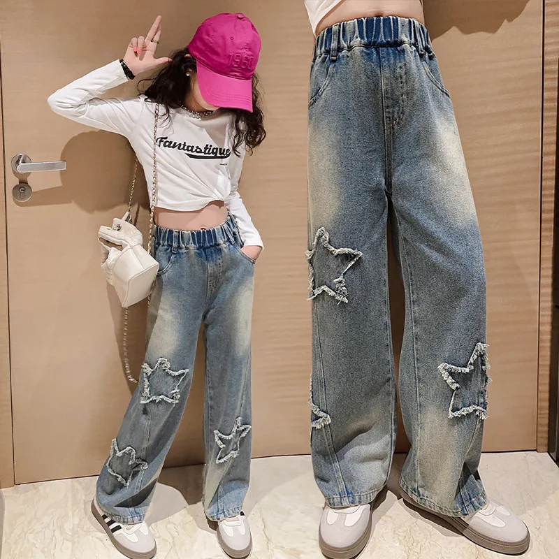 Spring Autumn Teenager Girls Wide Leg Jeans Children Trousers 2024 New Fashion Star Pattern Girls Denim Pants 5-14Y Kids Clothes