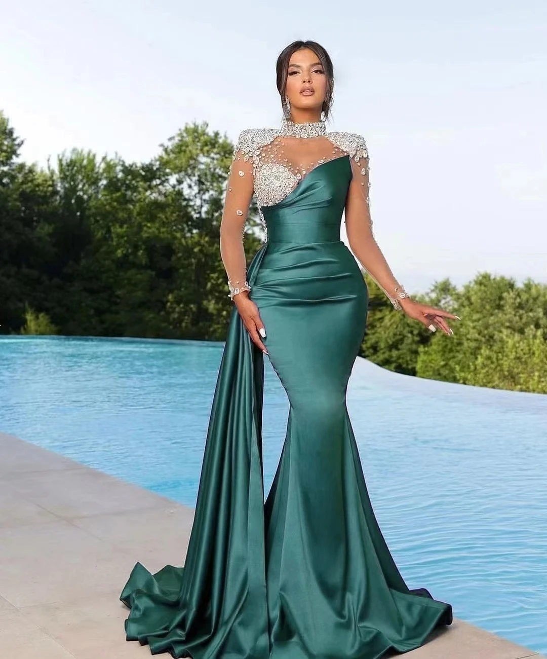 High quality exquisite latest high neck design mermaid beaded sequins custom high-end luxury hand-stitched stage formal evening