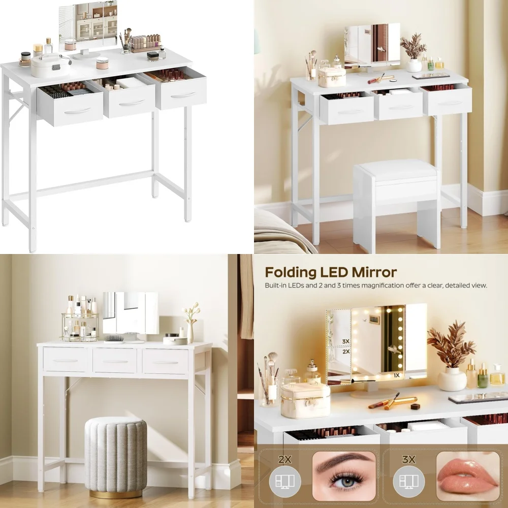 

Makeup VanitiesVanity Desk with Lighted Mirror and 3 Fabric Drawers Modern Makeup Table for Women