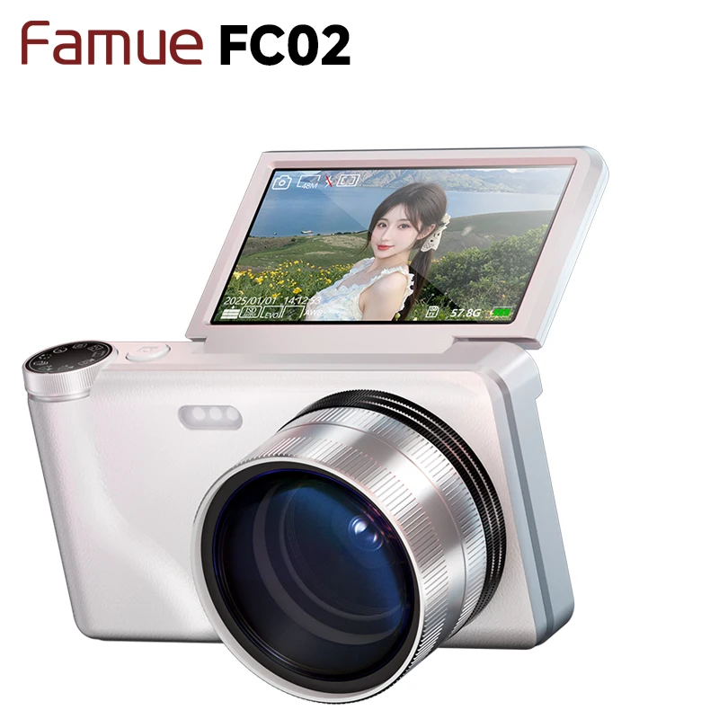 

Famue FC02 Digital Camera for Students, 64MP Beauty Selfie Camera with 180° Flip Screen, 18X Zoom, 4K Video HD CCD for Vlogging