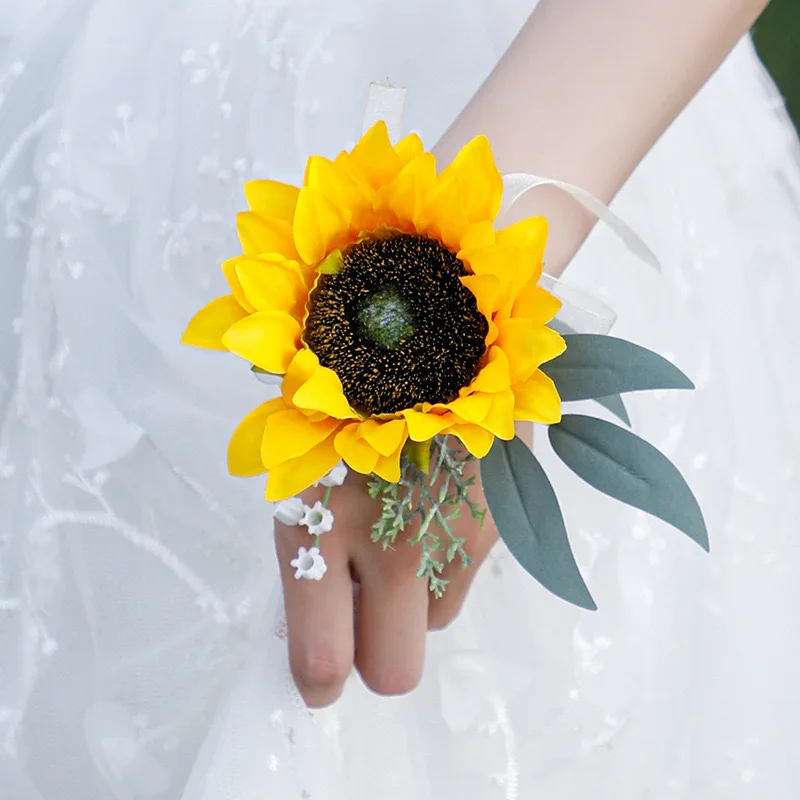 SoDigne Bride Sunflower Wrist Corsage Wedding Accessories Flowers Artificial Cuff Bracelets Corsage Marriage Party Decoration