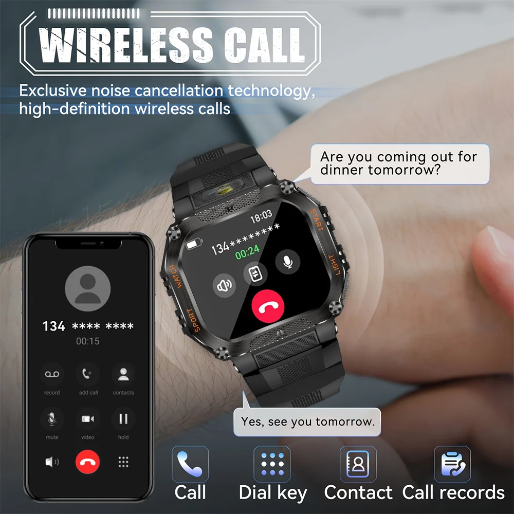 العسكرية في الهواء الطلق ساعة ذكية الرجال 3ATM مقاوم للماء البوصلة معدل ضربات القلب سوار لياقة بدنية 480 mAh مكالمة صوتية الرياضة Smartwatch 2025