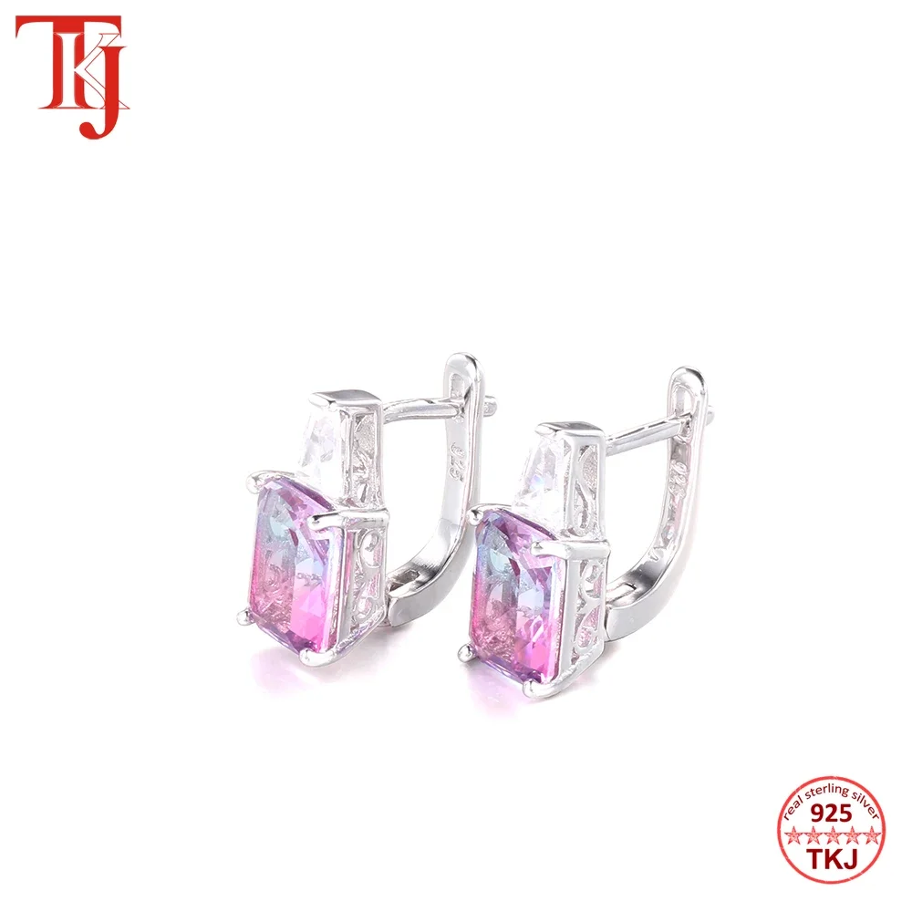 TKJ Bohemian Style Luxury Natural Tourmaline Earrings Square Real 925 Sterling Silver Stud Earrings For Women Beach Travel