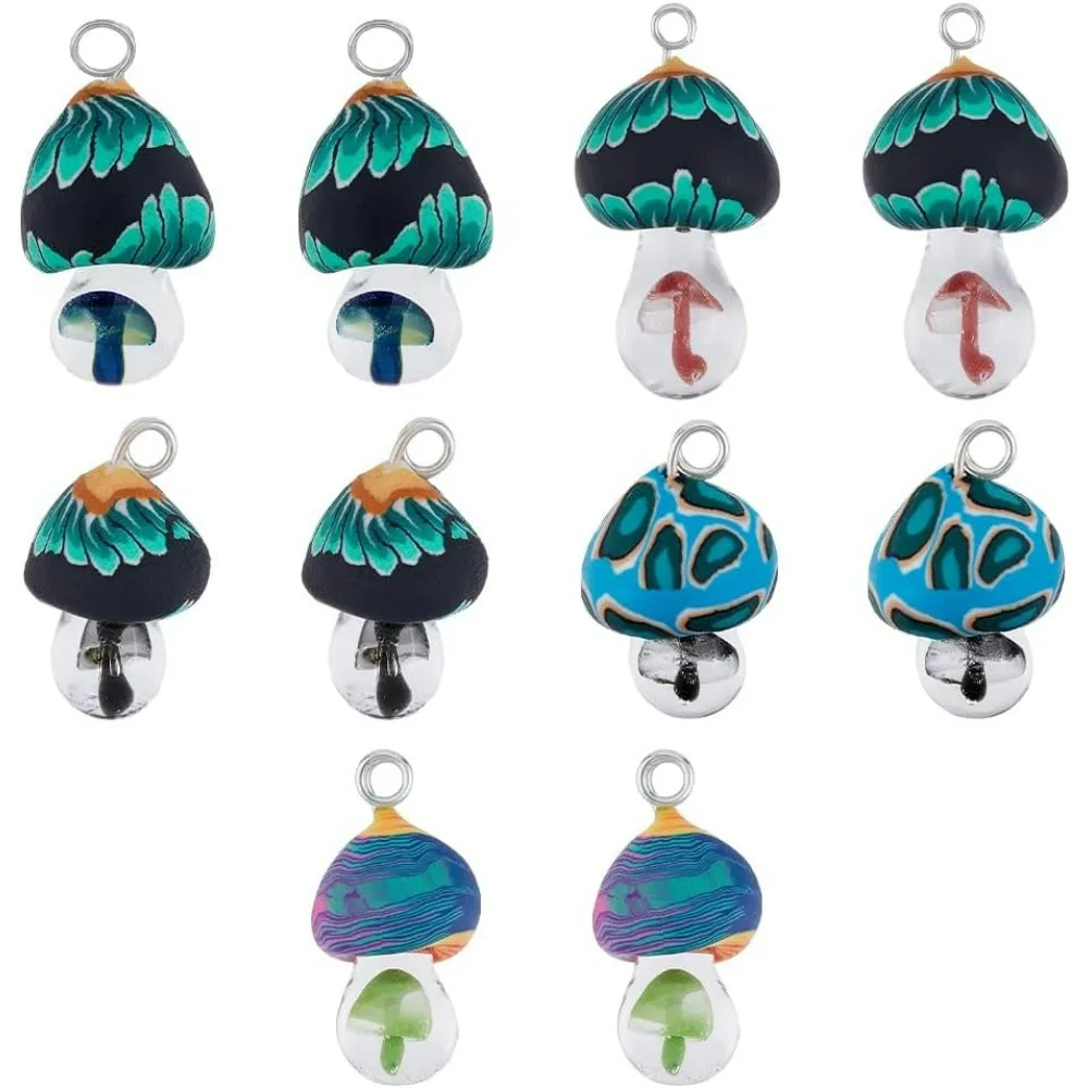 10Pcs 5 Colors Alovely Mushroom Pendant Charms Polymer Clay Jewelry Finding Charm Lampwork Glass Charms with Mushroom Inside