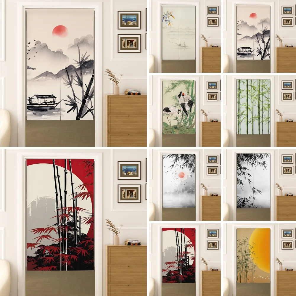 

Japanese Ink Wash Noren Curtain Bamboo Forest Mountain Sunrise Design Zen Tea Room Decor Zen Style Entrance Divider Half-Curtain