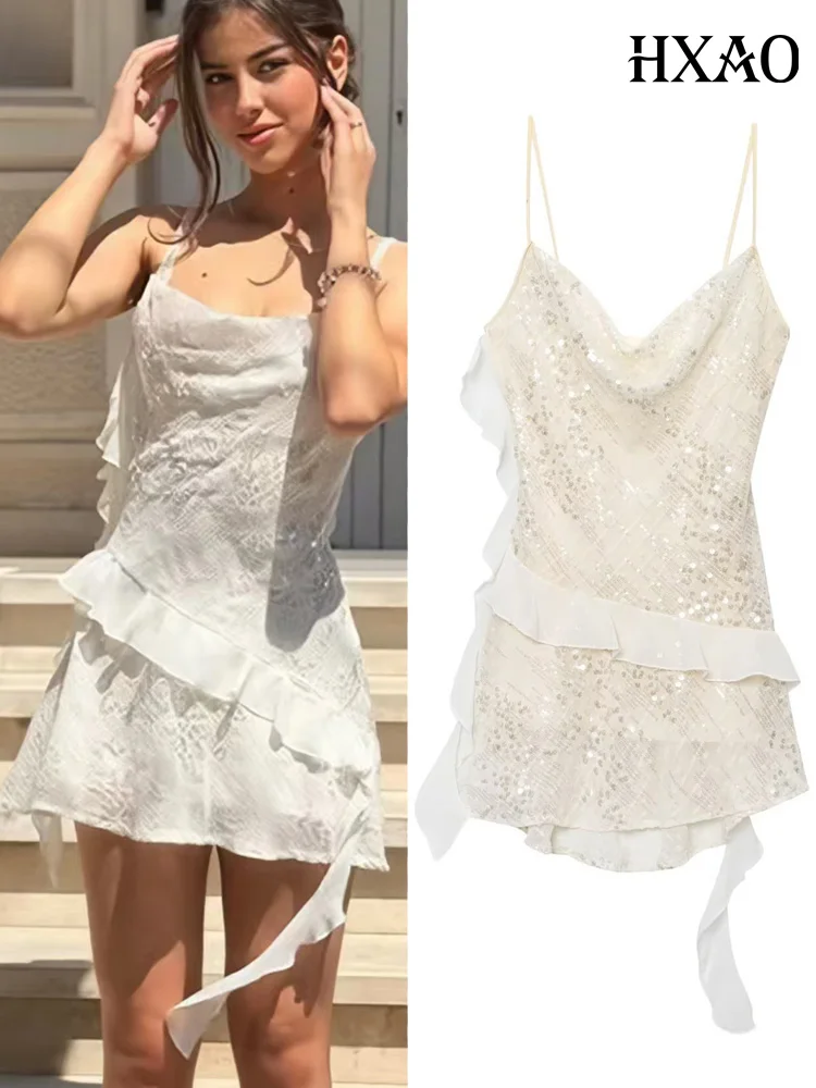 HXAO Slip Perlen Damen Kleider Rüschen Tüll Kurze Kleider Ärmellose weiße Damenbekleidung Rückenfreie Damen Midi Kleidung