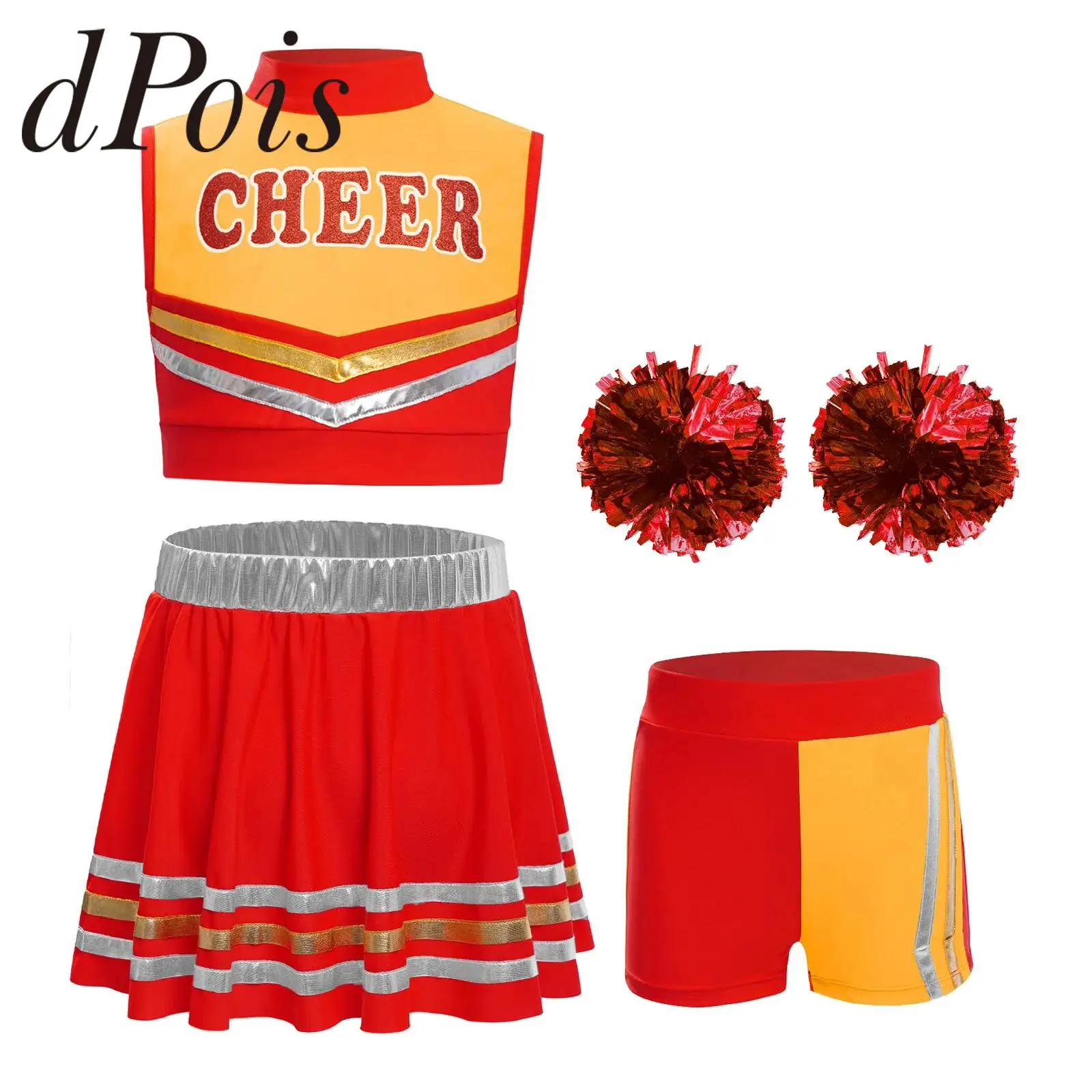 キッズガールズチアリーダーチアリーディング衣装女子高生チアダンスユニフォーム文字プリントクロップトップとスカートフラワーボール
