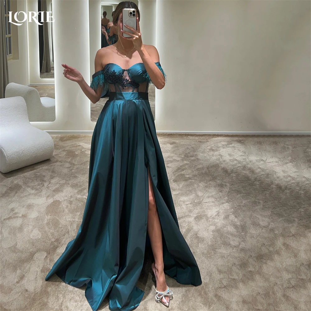 

LORIE Saudi Arabia Lace Formal Evening Dresses Feathers A-Line High Side Slit Off Shoulder Prom Dress Bridesmaid Party Gowns
