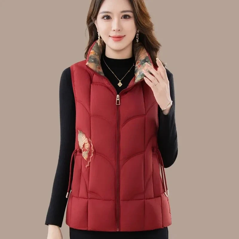 Women's Chinese Style Padded Vest Middle Aged Mother Plus Size Thick Sleeveless Outerwear Stand Collar Waistcoat