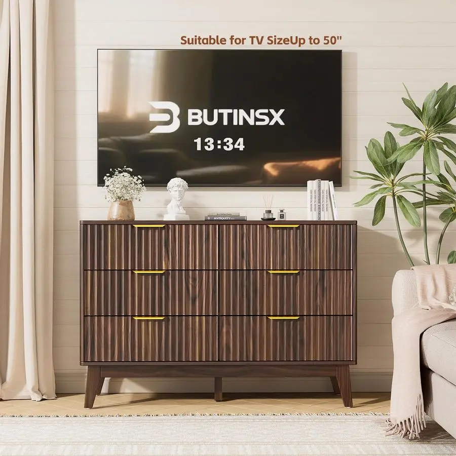 خزانة ذات 6 أدراج، جوز، تصميم مموج مخدد، زوايا مستديرة، حامل تلفزيون خزانة منتصف القرن، 48 خزانة ذات أدراج واسعة لـ Bedro