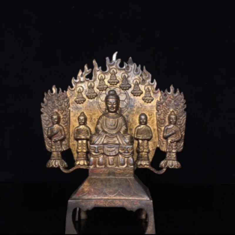 Antique North Wei Style Bronze Gilt 5 Buddha Sculpture, Chinese Buddhist Altar Feng Shui Statue for Home Office Decor and Gift