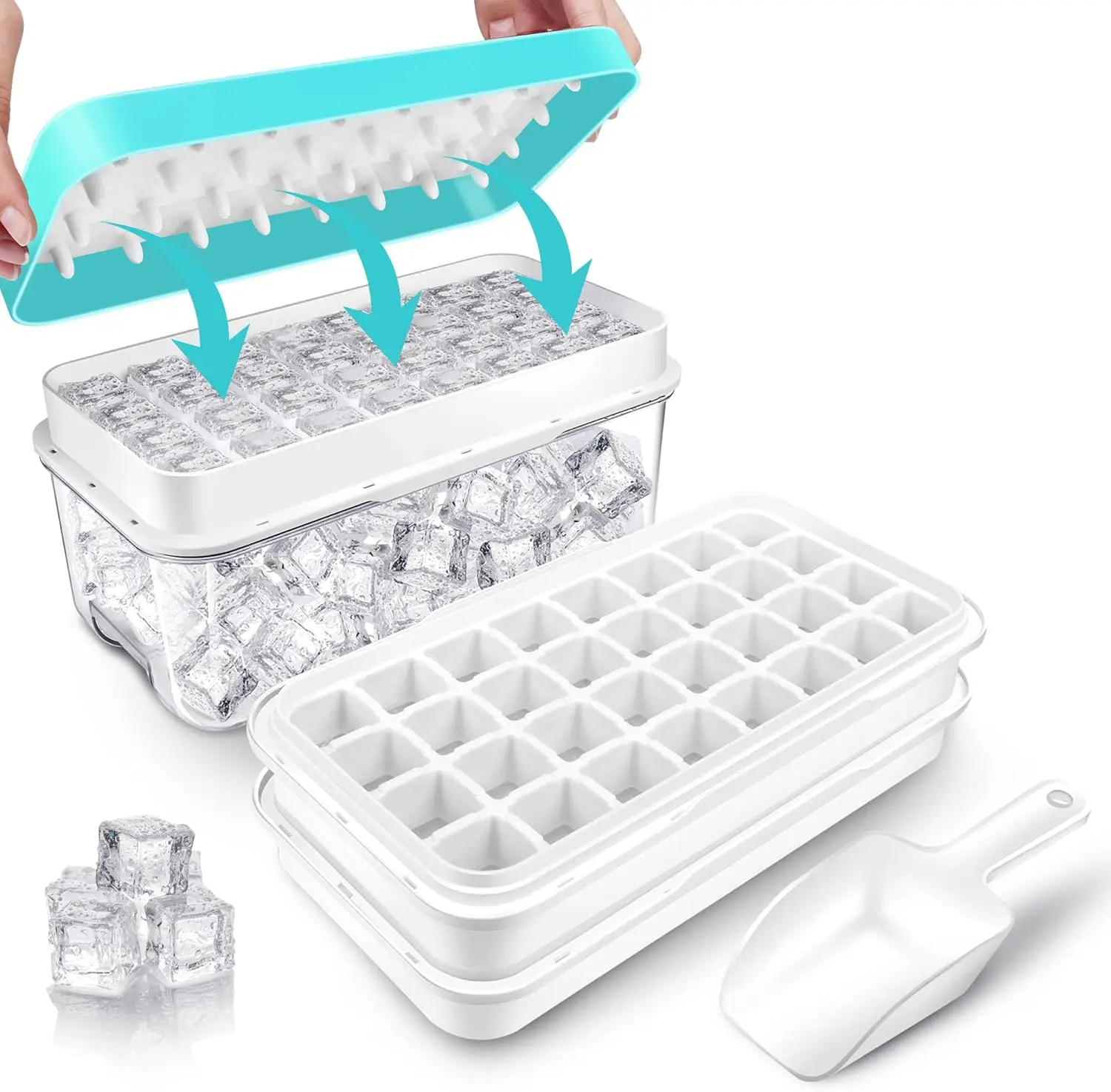 

32/64Grid Large-Capacity Press Ice Cube Mould Ice Tray with Lid and ice spoon Ice Bucket Ice Box Ice Storage Box for Home Use
